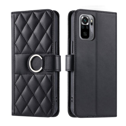 Black quilted leather phone case with rhombic pattern, ring strap and magnetic flap
