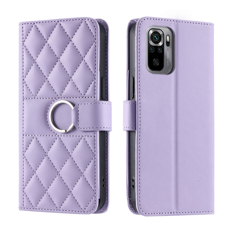 Lavender quilted leather phone case with rhombic pattern, ring strap and magnetic flap