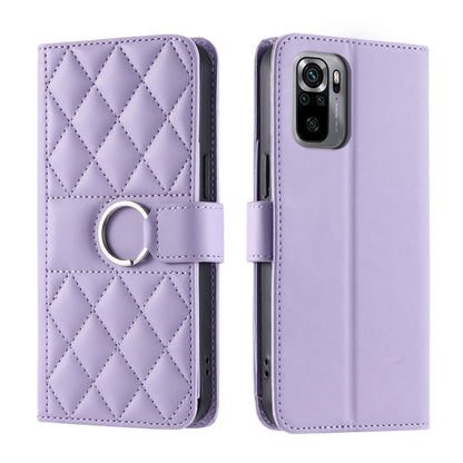 Lavender quilted leather phone case with rhombic pattern, ring strap and magnetic flap