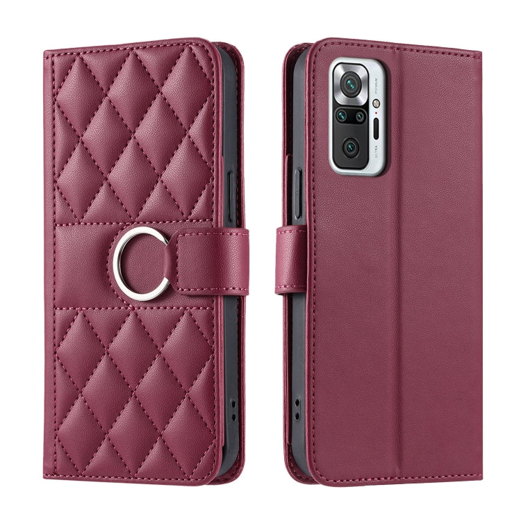 Burgundy rhombic quilted leather phone case with ring buckle front and back