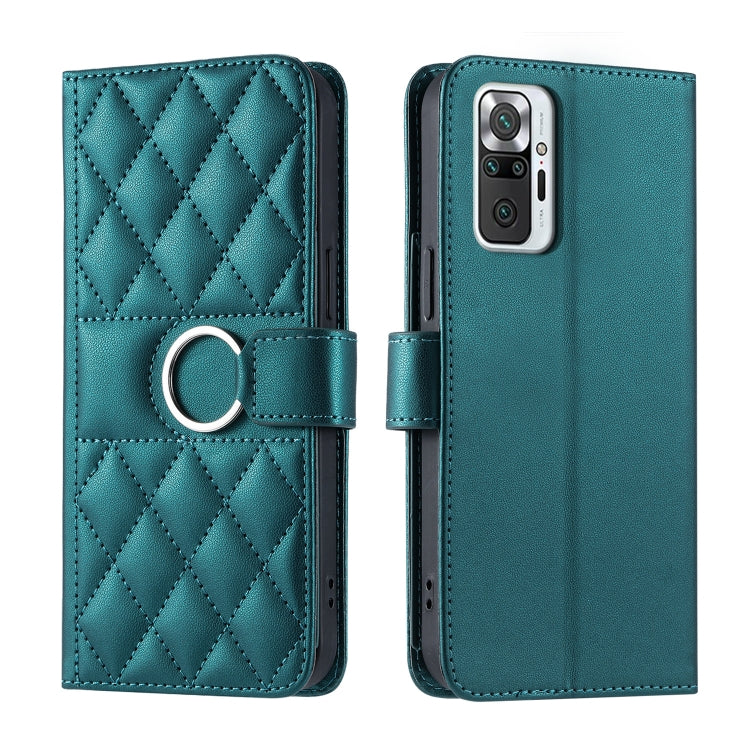 Teal rhombic quilted leather phone case with ring buckle front and back