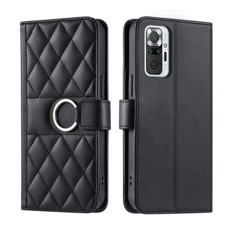 Black rhombic quilted leather phone case with ring buckle front and back