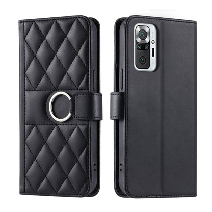 Black rhombic quilted leather phone case with ring buckle front and back