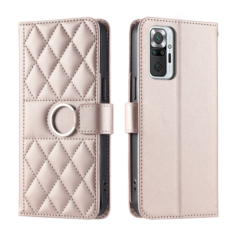 Light beige rhombic quilted leather phone case with ring buckle front and back