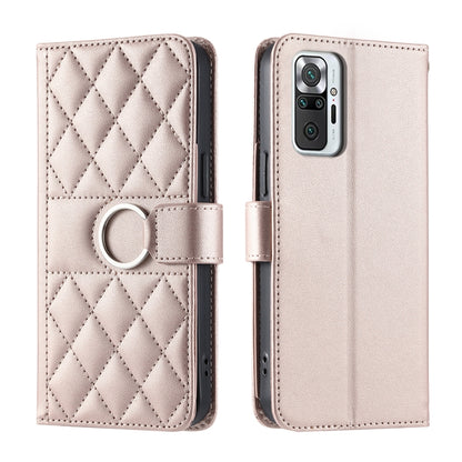 Light beige rhombic quilted leather phone case with ring buckle front and back