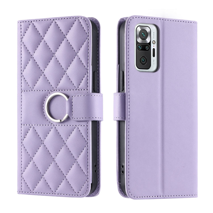 Purple leather phone case with rhombus pattern and ring buckle strap