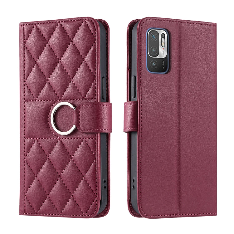 Burgundy rhombic quilted leather phone case with ring buckle and folio cover