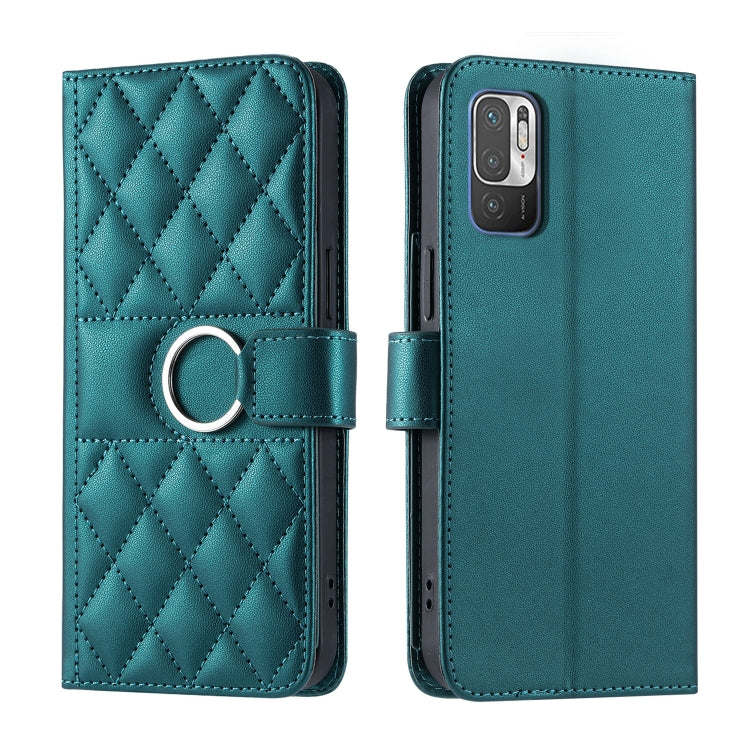 Teal rhombic quilted leather phone case with ring buckle and folio cover