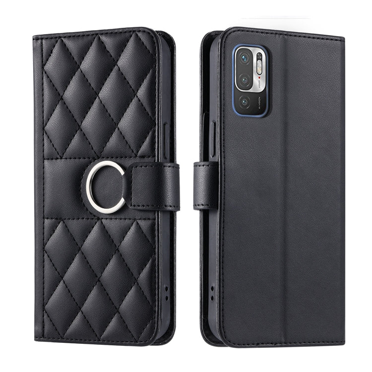 Black rhombic quilted leather phone case with ring buckle and folio cover