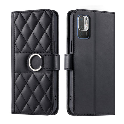 Black rhombic quilted leather phone case with ring buckle and folio cover