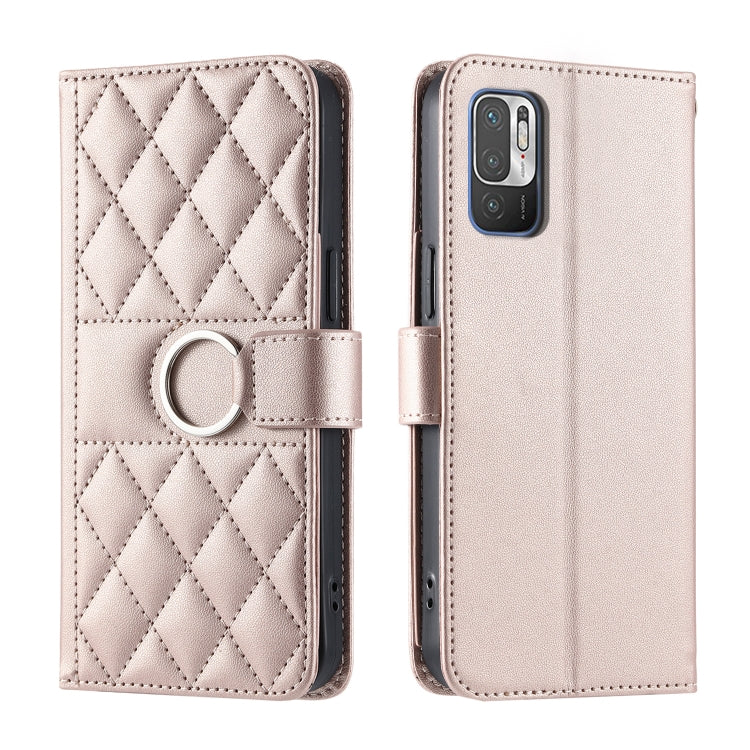 Light beige rhombic quilted leather phone case with ring buckle and folio cover