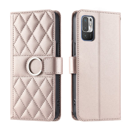 Light beige rhombic quilted leather phone case with ring buckle and folio cover