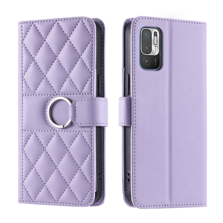 Lavender rhombic quilted leather phone case with ring buckle front and back