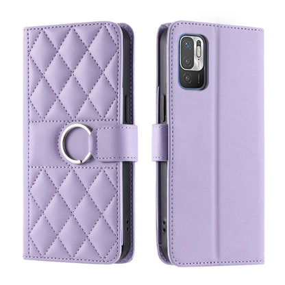 Lavender rhombic quilted leather phone case with ring buckle front and back