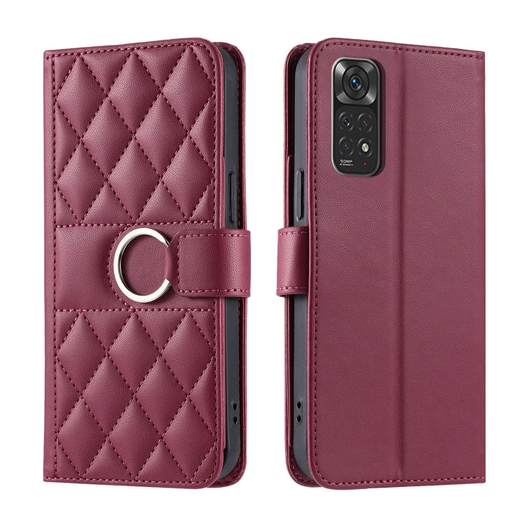 Red quilted leather phone case with rhombus pattern and ring-buckle wrist strap