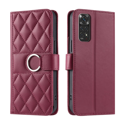 Red quilted leather phone case with rhombus pattern and ring-buckle wrist strap