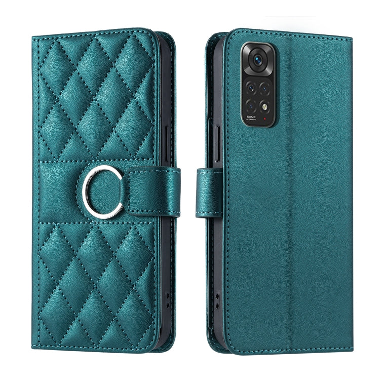 Teal quilted leather phone case with rhombus pattern and ring-buckle wrist strap