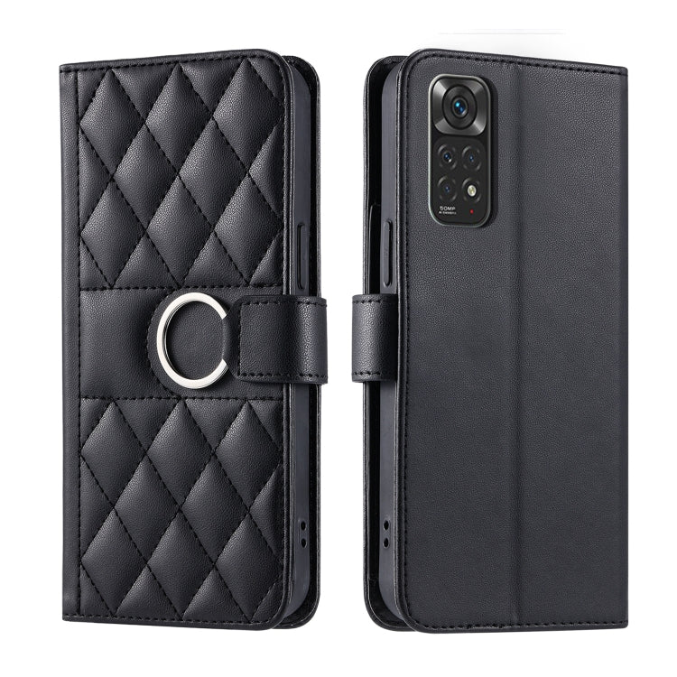 Black quilted leather phone case with rhombus pattern and ring-buckle wrist strap