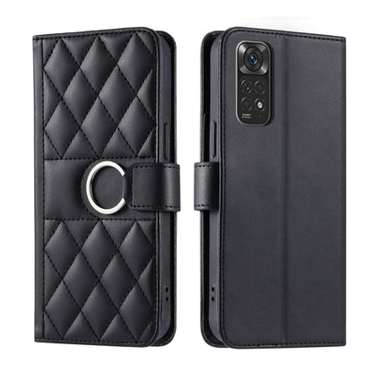 Black quilted leather phone case with rhombus pattern and ring-buckle wrist strap