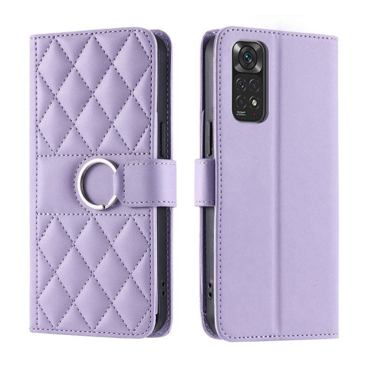 Lavender quilted leather phone case with ring-buckle wrist strap and rhombus pattern