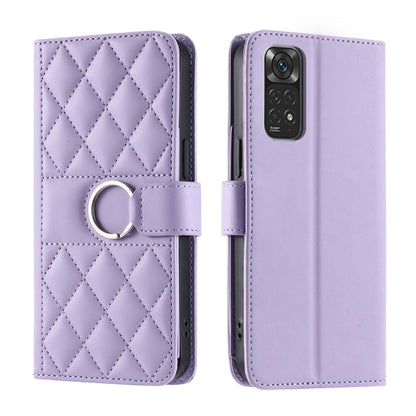 Lavender quilted leather phone case with ring-buckle wrist strap and rhombus pattern