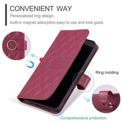 Quilted leather phone case with ring buckle, kickstand-style fold, burgundy