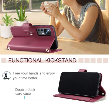 Magenta leather phone case with ring buckle, folding kickstand for viewing, wrist strap