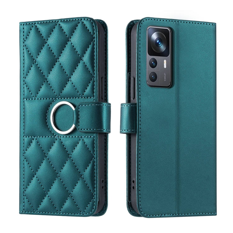 Rhombic leather phone case with ring buckle, quilted teal finish, flip cover
