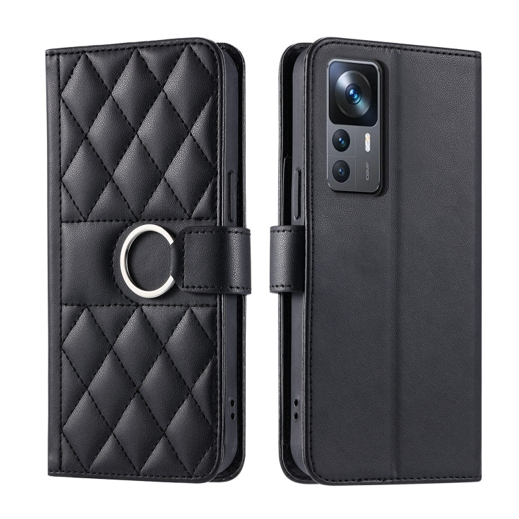 Rhombic leather phone case with ring buckle, quilted black finish, flip cover