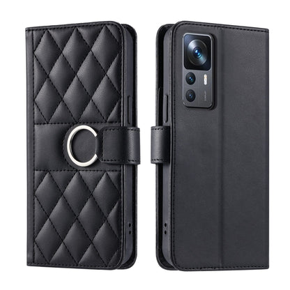 Rhombic leather phone case with ring buckle, quilted black finish, flip cover