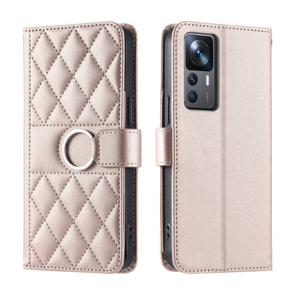 Rhombic leather phone case with ring buckle, quilted light pink finish, flip cover