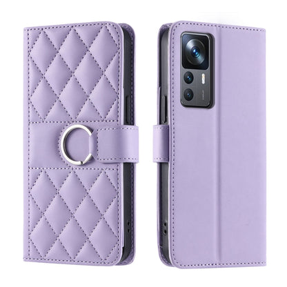 Purple quilted leather phone case with rhombic pattern, ring strap and magnetic flap