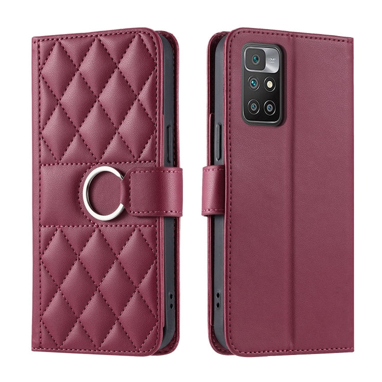 Burgundy quilted leather phone case with rhombus pattern and ring-buckle wrist strap