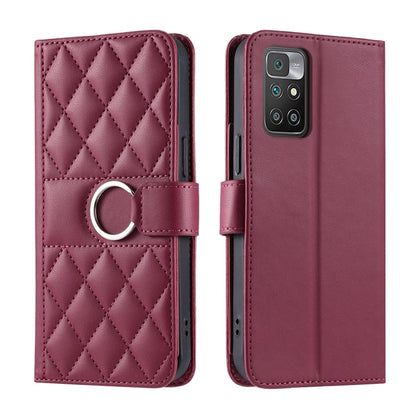 Burgundy quilted leather phone case with rhombus pattern and ring-buckle wrist strap