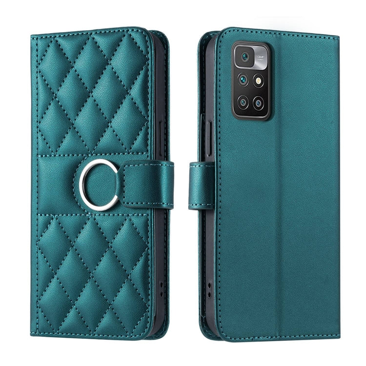 Dark teal quilted leather phone case with rhombus pattern and ring-buckle wrist strap