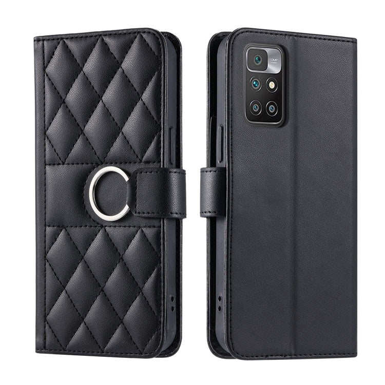 Matte black quilted leather phone case with rhombus pattern and ring-buckle strap