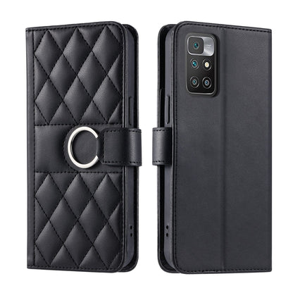 Matte black quilted leather phone case with rhombus pattern and ring-buckle strap