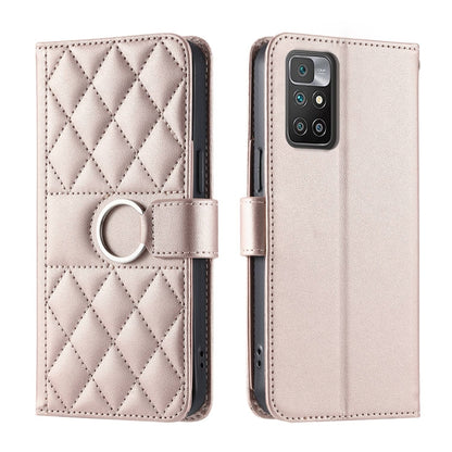 Light beige quilted leather phone case with rhombus pattern and ring-buckle wrist strap