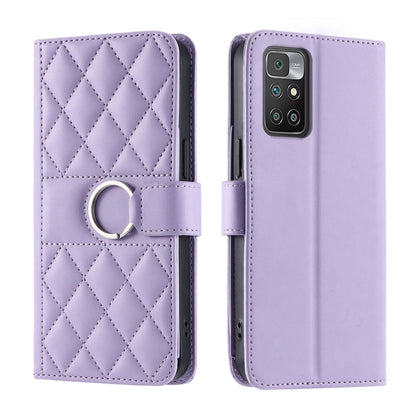 Lavender rhombic quilted leather phone case with ring buckle and folio cover