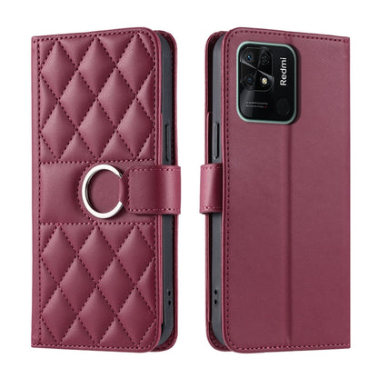 Burgundy quilted leather phone case with rhombic pattern, ring strap and magnetic flap