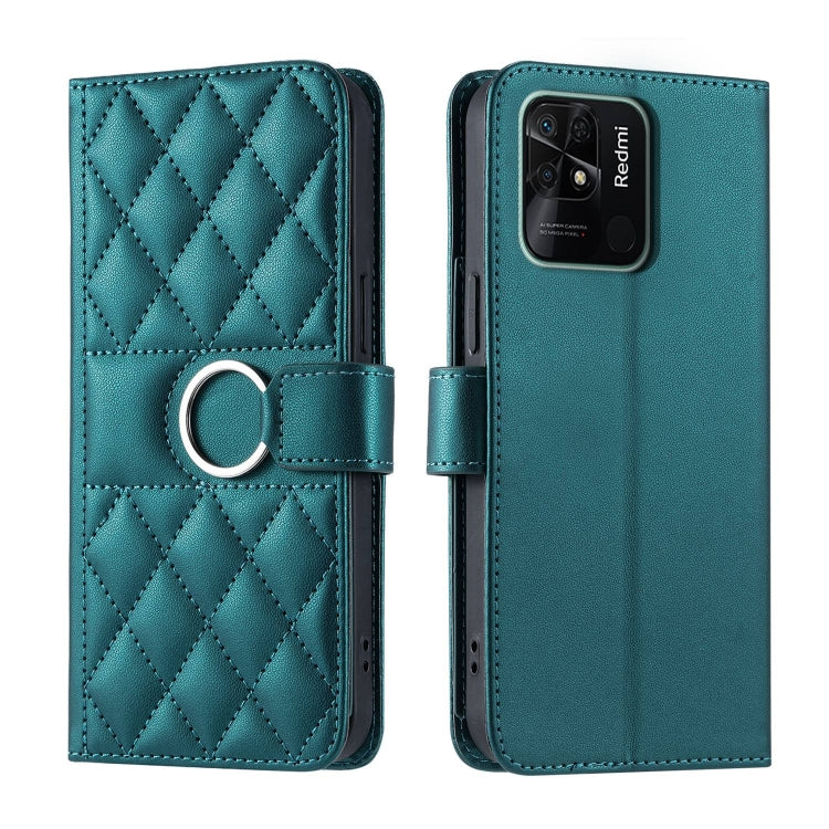 Deep teal quilted leather phone case with rhombic pattern, ring strap and magnetic flap