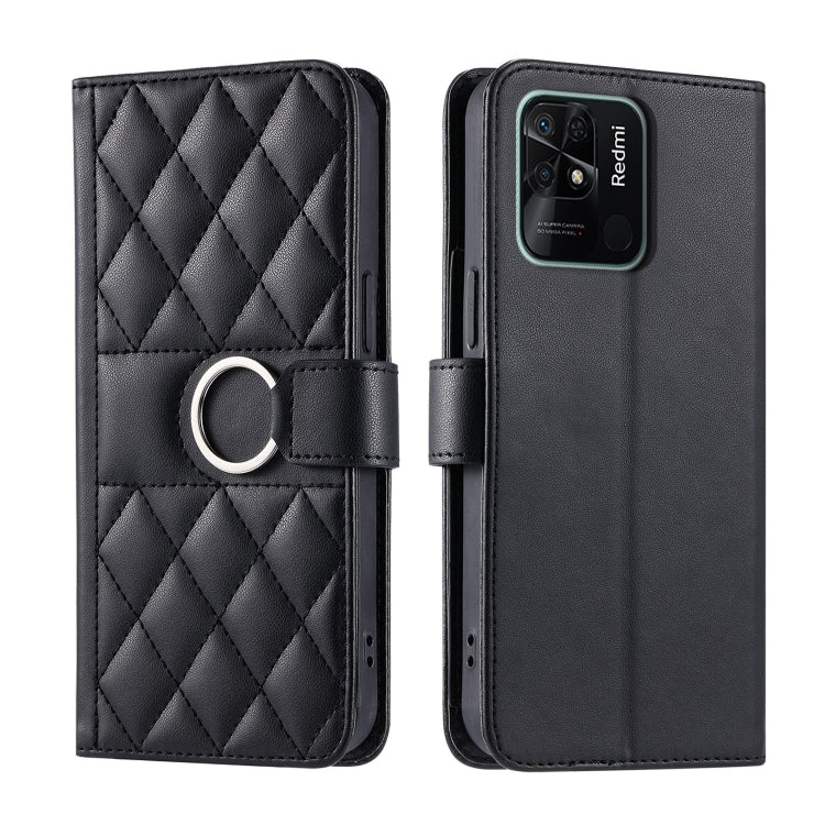 Black quilted leather phone case with rhombic pattern, ring strap and magnetic flap