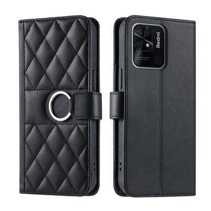 Black quilted leather phone case with rhombic pattern, ring strap and magnetic flap