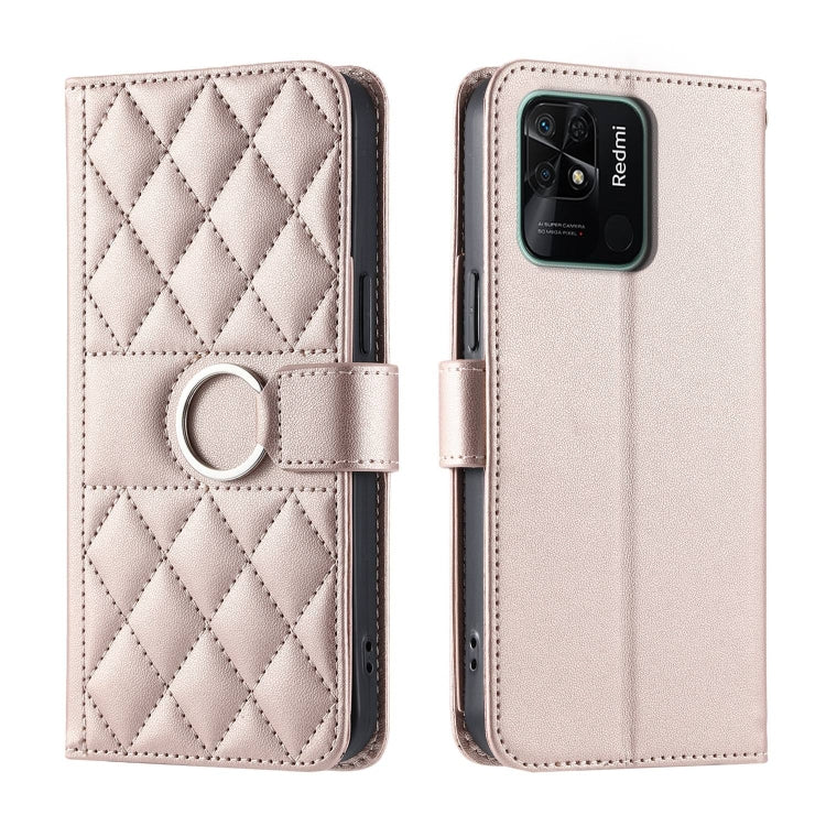 Light beige quilted leather phone case with rhombic pattern, ring strap and magnetic flap