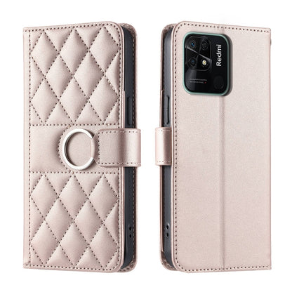 Light beige quilted leather phone case with rhombic pattern, ring strap and magnetic flap