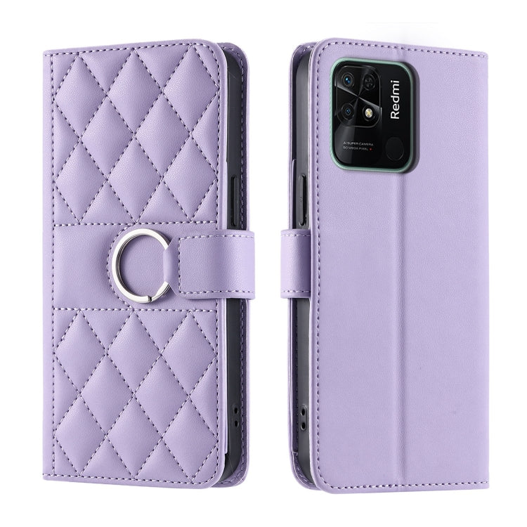 Purple quilted leather phone case with rhombus pattern and ring-buckle wrist strap