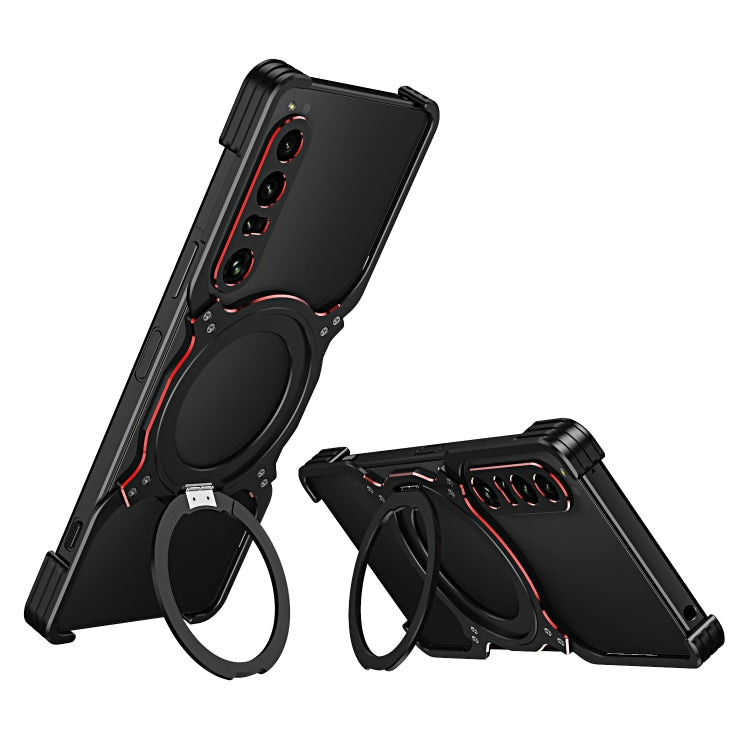 Black robotic arm MagSafe phone case with red trim, circular stand ring, camera cutouts