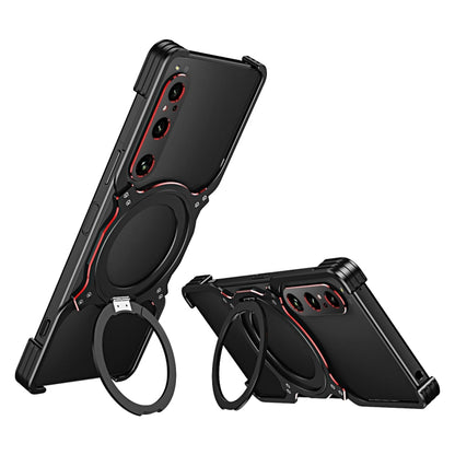 Black robotic arm MagSafe phone case with red accents and raised camera cutouts