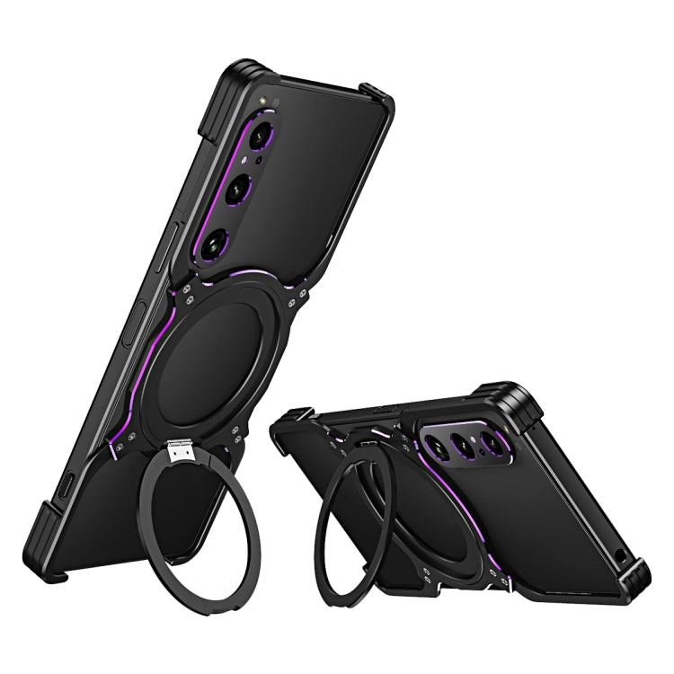 Black robotic arm MagSafe phone case with purple accents and camera cutouts