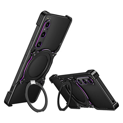 Black robotic arm MagSafe phone case with purple accents and camera cutouts